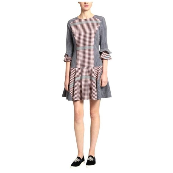 Badgley Mischka Dresses & Skirts - Badgley Mischka Dress Women 14 Blue Red Stripe Plaid Day Dress Mini Prairiecore‎